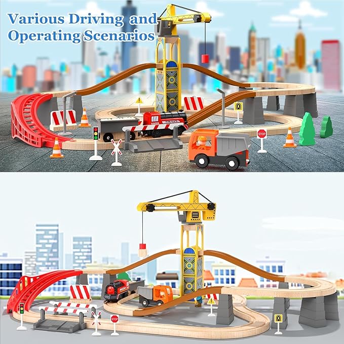 Giant bean 72PCS Tower Crane Wooden Train Set, Battery Operated Electric Train Track for Boys and Girls 3-7, Christmas Birthday Toy Gift