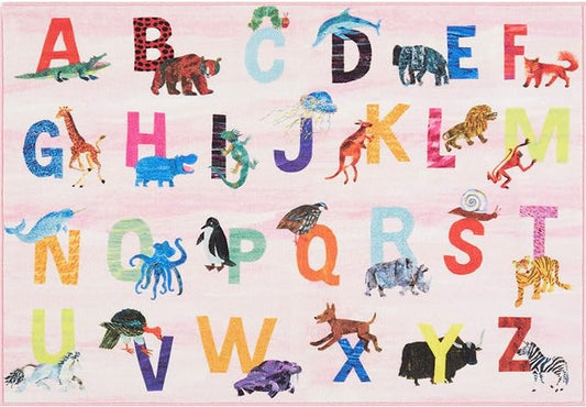 Eric Carle Elementary Pink Alphabet Kids Machine Washable Area Rug Pink/Blue, 4'11"x6'6"