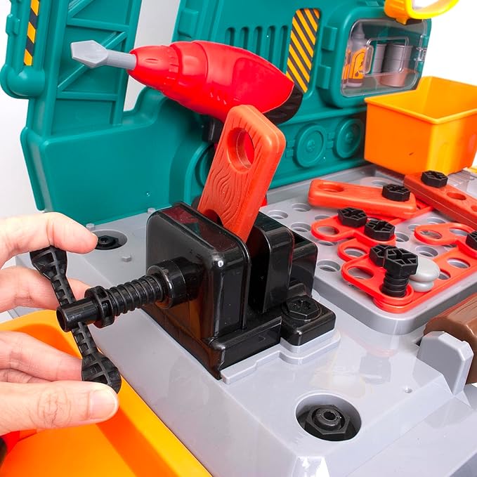 Amazon Basics Kids Workbench Construction Toy Tool Set Playset with 80 Pieces Including Tools, Accessories, Play Helmet & Play Safety Goggles, for Kids Ages 3 and Up, Multicolor, Medium