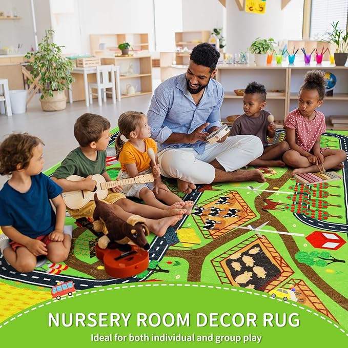 Kids Rug Play Mat for Toy Cars, 59"×78.7" Farm Life Road Traffic for Playroom Kids Car Road Rug Village Map Mat Farm Animals Washable Play Carpet for Toddlers Boys Room Family Tummy Time Playtime