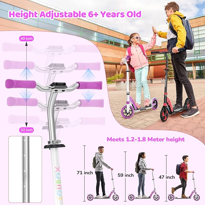 TONBUX Kick Scooter for Ages 6+, Dual Suspension Kids Scooter with Lightweight Aluminum Frame, Adjustable Handlebar Scooters for Kids, Teens and Adults
