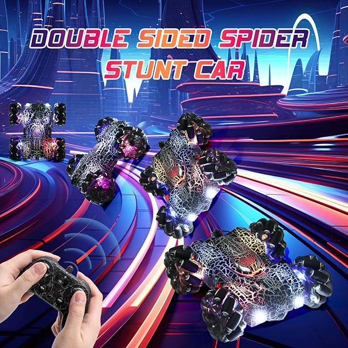 Hand Controlled Remote Control Car, 2.4Ghz Gesture Sensing RC Stunt Car with Wholebody Light & Headlight, Rechargeable 360° Rotating Double Sided RC Cars Black Spider Toys for Boys 4-6 5-7 8-12