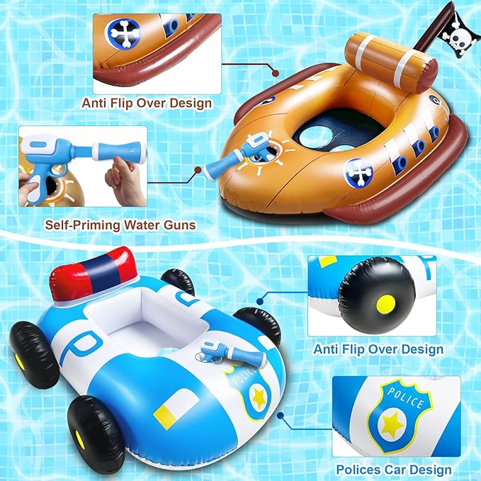 2 Pack Pool Floats Kids with Water Guns, Inflatable Pirate Ship & Police Car Pool Floaties Toys for 3-11 Years Kids Toddler Boys Girls Summer Outdoor Swimming Pool Party Games