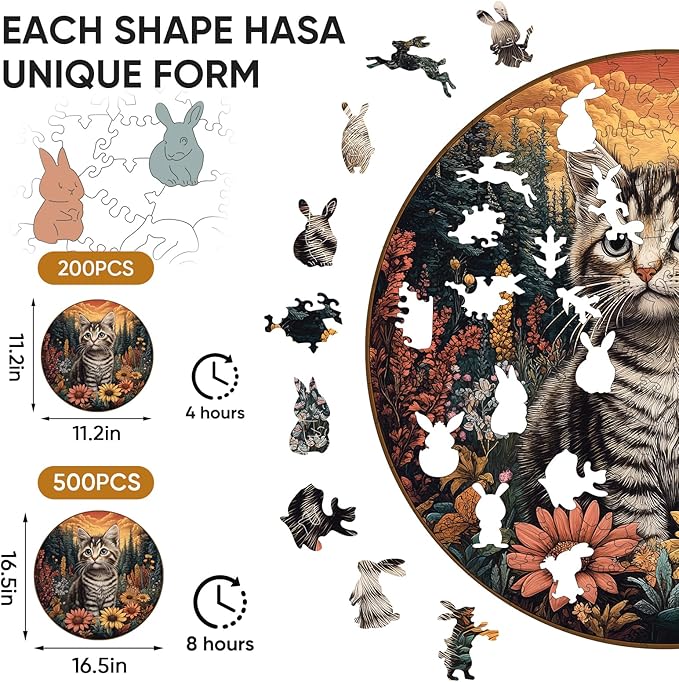 Wooden Puzzle for Adults - 3D Cat Pet Wooden Jigsaw Puzzles, 200 Piece Medium Size Family Reunion Puzzle for Adults and Kids, Exquisite Packaging, Best Gift for Family Friends 11.2x11.2 in