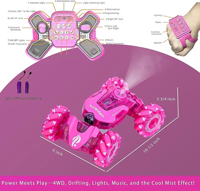 Pink Remote Control Car for Girls, RC Gesture Control Stunt Car with Light & Music，4WD 360° Spins All Terrains Kids Toys rc Cars, 6-12 Girls Birthday Gift, Best Gift for Girls 4-11