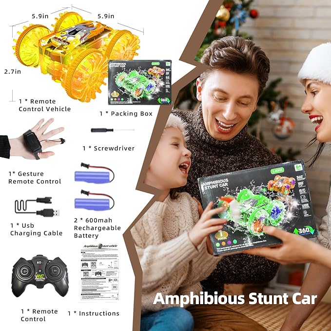 Amphibious Remote Control Car,RC Cars Toys for Kids Ages 6-12,Double-Sided Driving 360° Flips Rotating Car Toy RC Gesture Stunt Boat with LED Lights,Water Beach Pool Toys for Boys Girls (Orange)