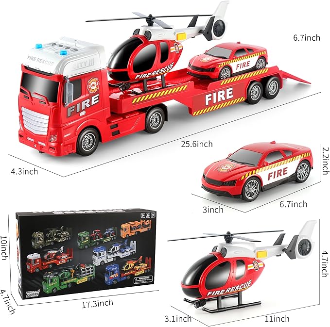 Dwi Dowellin 25.6" Semi Truck Toy with Racing Car and Helicopter for Kids Toddlers - Fire Toys,Birthday Gifts for Boy Toddler Child 2 3 4 5 6 Years Old