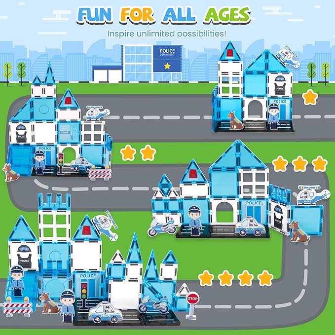 cossy Magnetic Tiles Police Set, Magnetiles with Policeman, Magnetic Tiles for Kids Ages 4-8, STEM Toys, Magnet Blocks for Boys and Girls, Creative Building Toys, Police