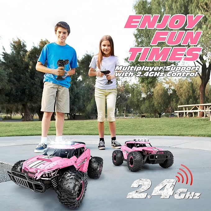 Tecnock Pink RC Car 1/16 Scale Remote Control Car for Girls, High Speed 20 Km/h All Terrains Rc Monster Truck with Two Rechargeable Batteries & Head Chassis Lights Gift Toy for Kids Adults