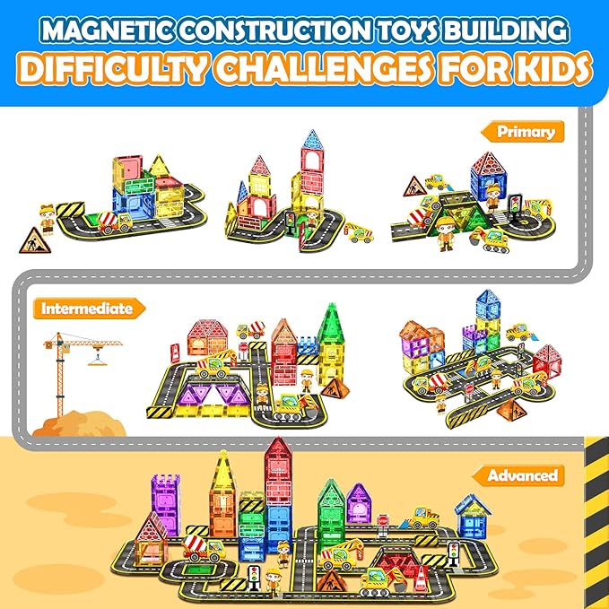 102 PCS Magnetic Tiles Construction Toys Magnet Building Toys for Boys and Girls Ages 3-5 5-7 8-10, STEM Sensory Toys Creative Play Includes Roads, Vehicles, Dolls, Traffic Signs and Construction Sign