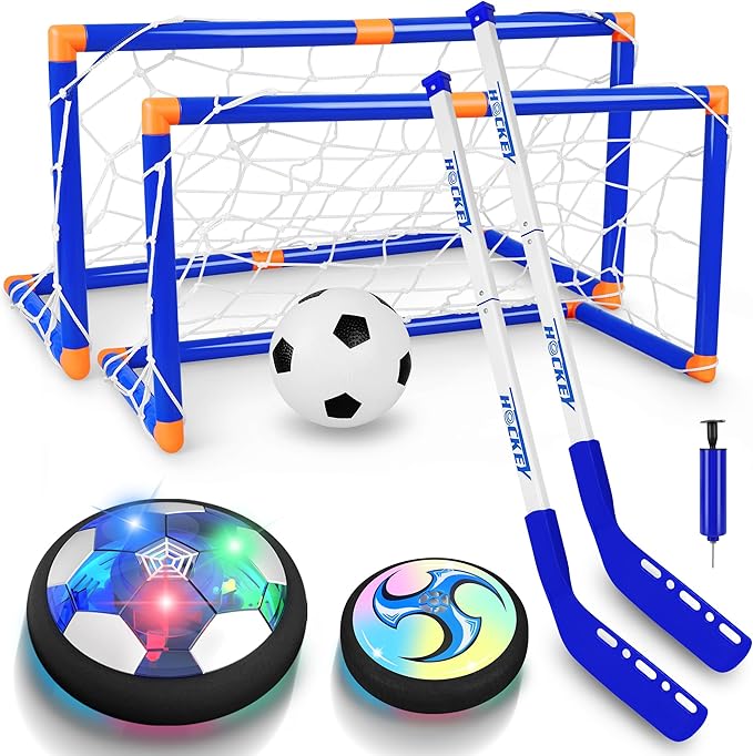 Hover Hockey Set for Kids, 3-in-1 Hover Hockey Soccer Ball Toy Set, Rechargeable Floating Air Soccer Hockey Ball with Led Light, Indoor Outdoor Sports Game Toy Gifts for 3 4 5 6 7 8+ 12 Years Boy Girl