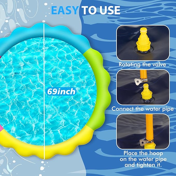 YAUNGEL Splash Pad for Dogs and Kids, 67in Non-Slip Splash Sprinkler Pad 0.58mm Thickened Durable and Foldable Dog Pool Inflatable Summer Outdoor Water Toys, Mix Colors
