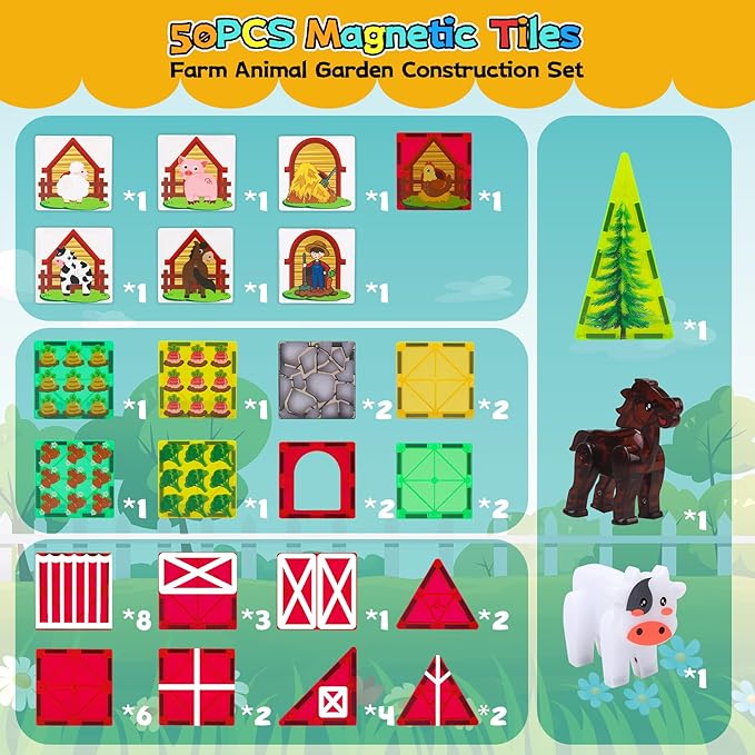 Magnetic Tiles Farm Animal Toy Set with Interactive Cow & Horse, Magnetic Building Blocks for Kids Ages 3-5 4-8 5-7, Magnet Tiles Educational STEM Toy for Boys & Girls