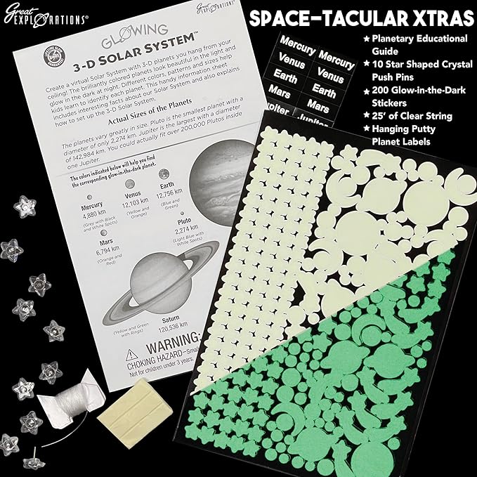 Great Explorations, 3-D Solar System Glow In The Dark Ceiling Hanging Kit 3D Planets and Star Stickers Create the Milky Way Teach Science STEM