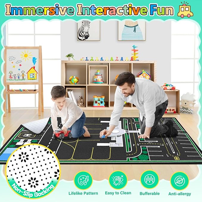 Kids Rug, Road Rug for Kids with Combined City Road Traffic System, Car & Airport Rugs, 4x6 Ft Children’s Play Rugs for Playroom, Children’s City Traffic Map Fun Car Carpet, Non-Slip