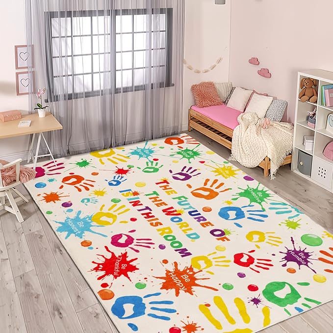 Colorful Kids Handprints Area Rug, Non-Slip Play Mat, Ultra Soft Thick Plush Indoor Rug for Playroom, Classroom, Nursery Decor (59 X 39.4 INCH)