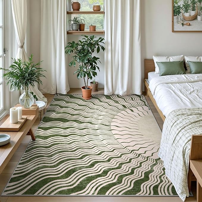 Boho Washable Rugs 5x7, Sun Print Soft Green Rug for Bedroom Ultra-Thin Nursery Rug Non Slip, Stain Resistant Living Room Rug for Dining Room Classroom(5'x 7',Green/Multi)