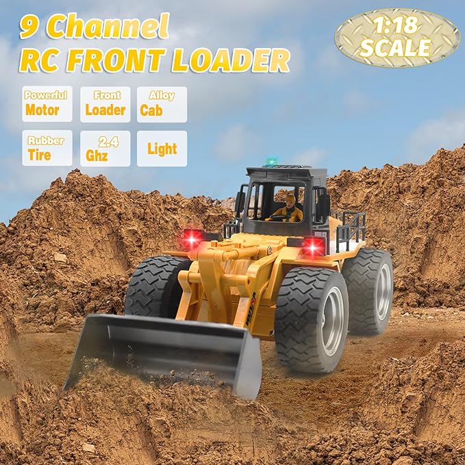 Fistone 9 Channel RC Front Loader, 4WD Alloy Shovel Loader Tractor, 2.4Ghz RC Bulldozer Construction Vehicle Radio Control Tractor Truck Toy with Lights for Kids Age 8-12 Years Old