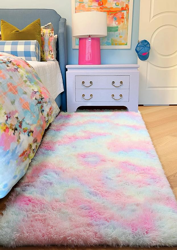 PAGISOFE Machine Washable Rainbow Runner Rugs for Girls Bedroom Hallway Plush Fluffy Rug 2x6 Ft, Soft Carpet for Living Room, Non-Slip Indoor Floor Rugs for Nursery Kids Girls Room Home Decor