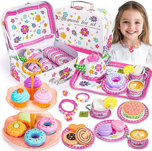 Kids Tea Party Set for Little Girls, Flower Toy Tin Tea Set with Carry Case, Dessert Play Food Tea Cup Set Teapot Girl Jewelry, Birthday for Girls Kids 3 4 5 6 7 Years Old