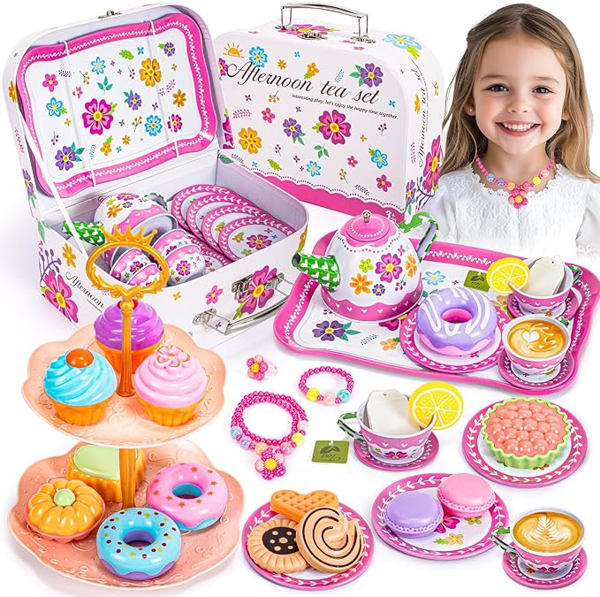 Kids Tea Party Set for Little Girls, Flower Toy Tin Tea Set with Carry Case, Dessert Play Food Tea Cup Set Teapot Girl Jewelry, Birthday for Girls Kids 3 4 5 6 7 Years Old