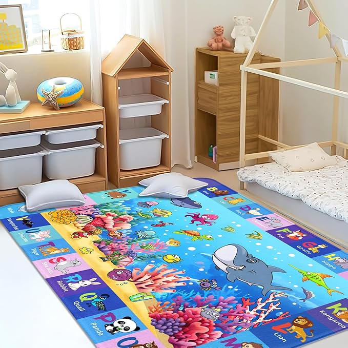 Alphabet Kids Rug for Playroom, 5x7 ABC Ocean Kid Play Mat, Preschool Area Rugs for Classroom, Sea Animals Educational Rugs Numbers Learning Mat Washable Bedroom Carpet Nursery Mats