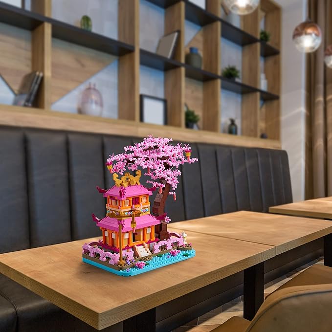 Cherry Blossom Tree House Micro Building Blocks Set Enjoy Flower Pavilion 1810pcs Exquisite Architecture Model Kit for Girls and Women (Adults or Kids Age of 14+)