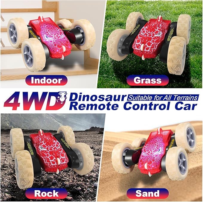 Remote Control Car 2.4GHZ All Terrain RC Monster Cars for Boys Girls Age 4-7 Double Sided 360° Rotation RC Stunt Cars with Light Dinosaur Toys for Kids 5-7 Chrismas Birthday Gifts