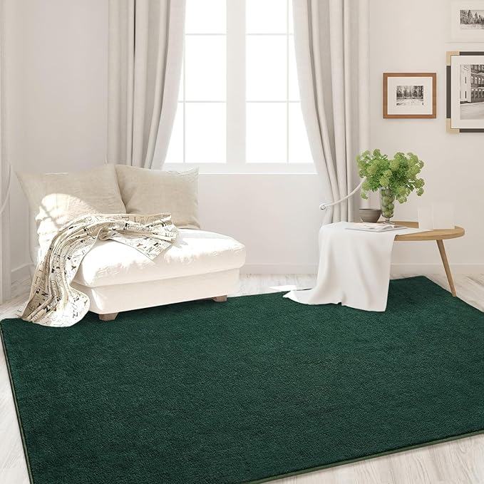 FlyDOIT Area Rugs for Bedroom Living Room, 7x10 Dark Green Super Soft Comfy Thickened Memory-Foam Indoor Carpets, Modern Aesthetic Minimalist Carpet for Boys Girls Adults Apartment Nursery Home Décor
