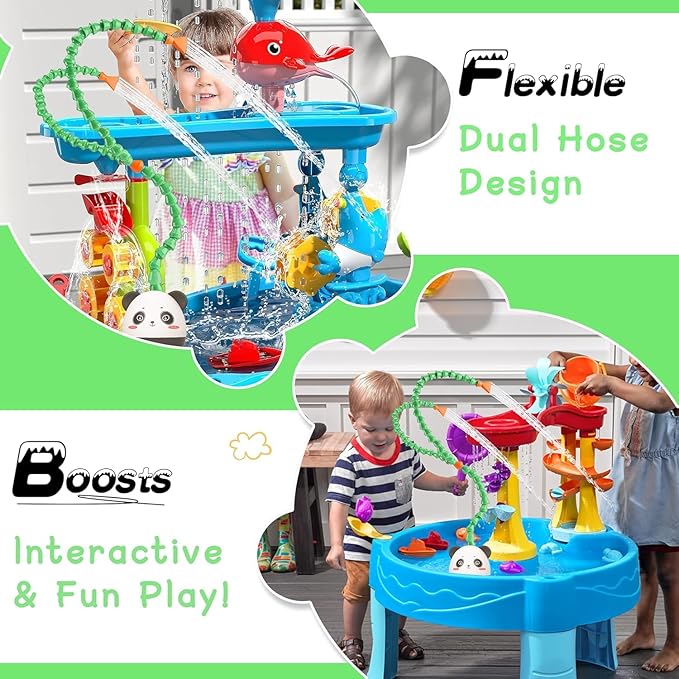 Panda Water Table Pump - DIY Dual Hose - Outdoor Water Play Table Pump for Kids Toddler Water Table, Safety First, with Panda Story Picture Book