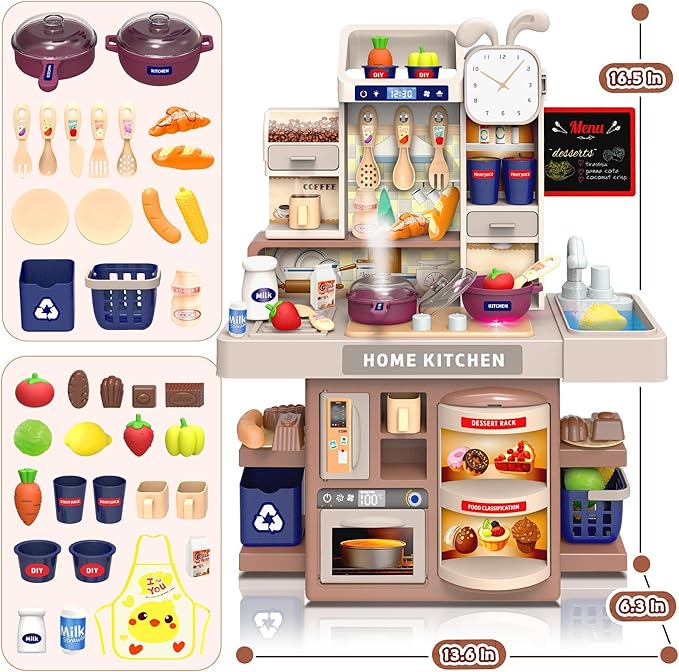 Mini Kids Kitchen Playset with Apron, Play Kitchen Toy with Realistic Steam and Lights, Play Sink and Toy Kitchen Accessories, Pretend Play Gift for Toddlers 3-5 Boys Girls (Grey)