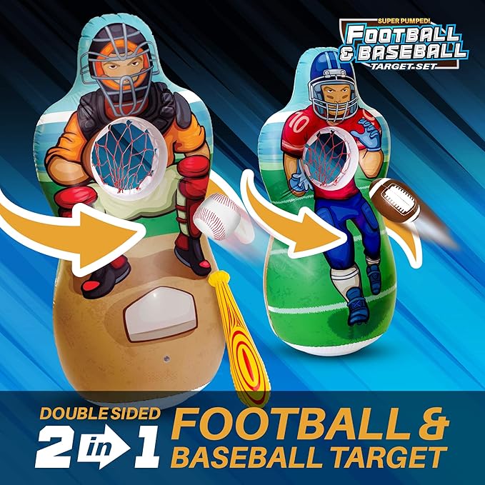 Inflatable Double-Sided Baseball & Football Target Set - Blow Up Toy with Soft Football, Baseball & Inflatable Bat - Fun Toss Games for Indoor, Outdoor, Backyard & Party Favor - 5 Feet