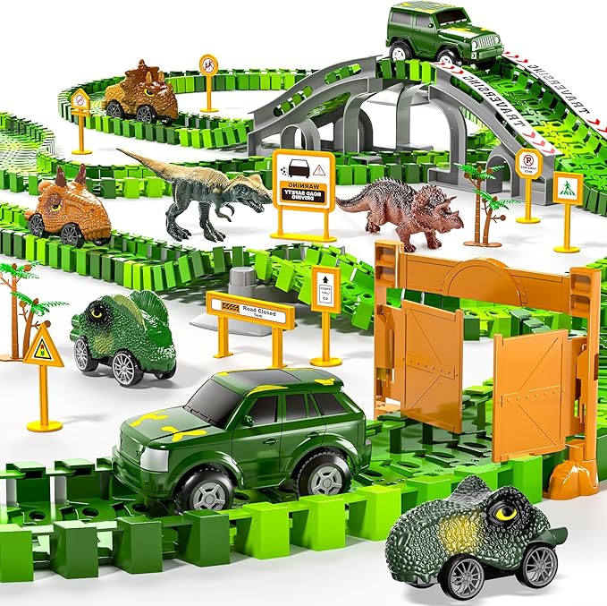 144 Pieces Dinosaur Toys Car Race Tracks Sets for Kids 3 4 5 6 7 8 Years Old - Flexible Tracks Playset with Kids Dinosaur, Electronic Toy Cars for Boys, Birthday Gifts for Toys Toddlers 3-5