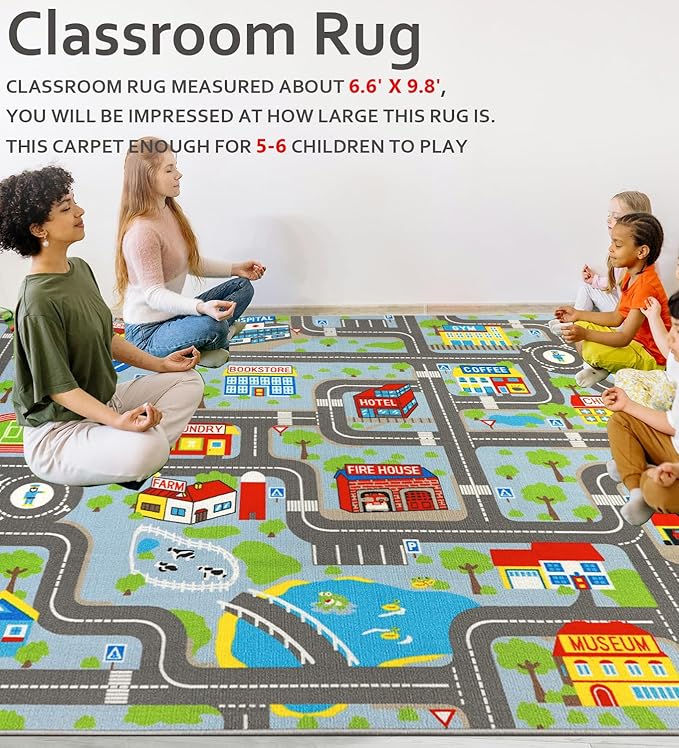 Educational Road Traffic Carpet Kids Carpet Playmat Car Rug Fun City Life Map Kids Car Rug Non Slip Play Carpet for Children Playroom Bedroom Classroom Decor (Sky Blue, 6'6''x9'8'')