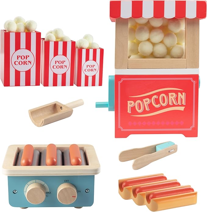 Movie Theatre Snack Bar Wooden Playset - Pretend Concession Stand Fun- Full Set w Popcorn Machine Hot Dogs Candy Bars Sodas Cash Register Credit Card- Kids Play Food Activity Center for Daycare & More