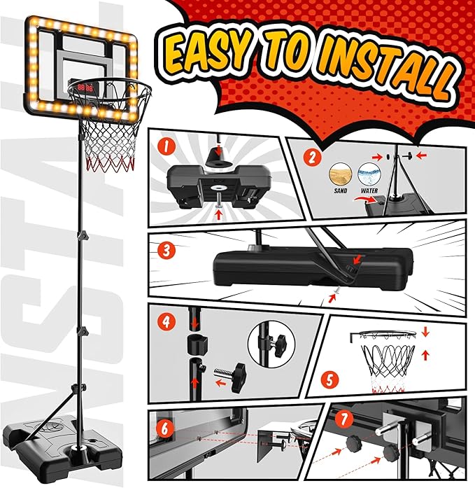 Kids Basketball Hoop Indoor Outdoor,Adjustable Height 2.9ft-5.9ft Toddler Basketball Hoop with LED Light & Scoreboard,Goal Toy for Boys Girls Age 3 4 5 6 7 8 Backyard Sports Game Gifts (Black)