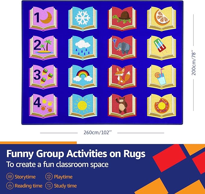 Educational Classroom Rug 6'5"x8'5" Blue Carpet with 16 Seats Reading Books Kids Playmat Non Slip Seating Rug for Elementary, Preschool, Nursery, Kids Room