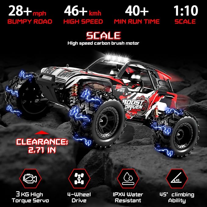 1:10 Large Brush RC Car for Adults, Fast Remote Control Car, 28+ MPH Rc Hobby Truck with Headlights, All Terrain 2.4 Ghz Electric Hobby Rc Cars, 4WD Off Road Monster Truck - White Red
