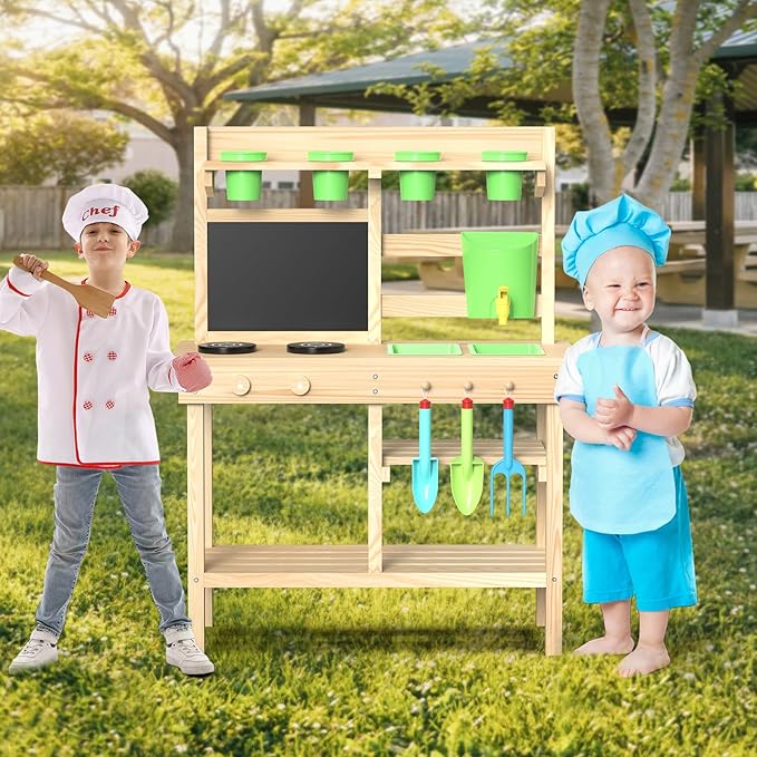 Cedar Wood Outdoor Play Kitchen for Kids, Mud Kitchen with Water Faucet, Dual-Sided Chalkboard, Storage Shelves, Cups, Removable Sink, and Pretend Stove – Backyard Toddler Playset for Boys and Girls