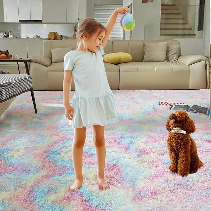 Ultra Soft Rug for Living Room, 6X9 Fluffy Shag Area Rug for Bedroom, Modern Shaggy Carpets Fuzzy Rug for Teens Dorm Nursery Home Decor Aesthetic, Upgrade Anti-Skid Durable, Rainbow