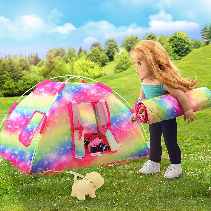 ZITA ELEMENT 7 Items Fashion Doll Camping Tent Set for 18 Inch Girl Doll Accessories - Including 18 Inch Doll Camping Tent, Sleeping Bag, Clothes Set, Shoes, Camera, Eye Glasses and Toy Dog