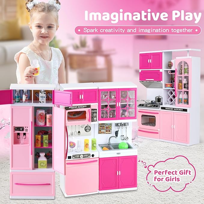 64 PCS Pink Kitchen Toys with Lights Sounds|Mini Kitchen House Furniture Sets for Kids Ages 4-8|Doll Playset Toys for Toddlers 3-5|Birthday Gifts for 3 4 5 6 7 8 Old Girls