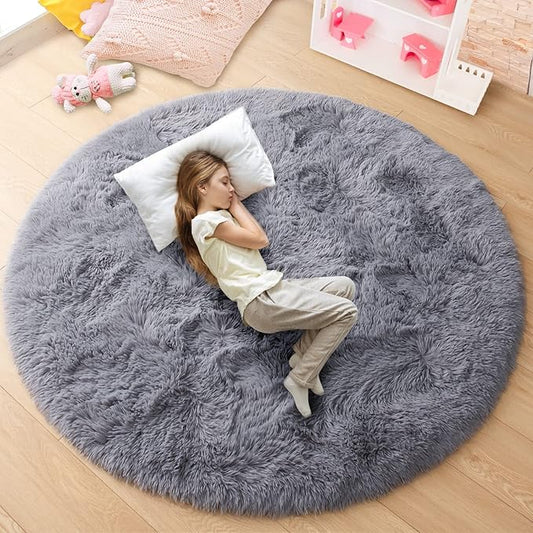 junovo Round Rug 6x6 Feet Fluffy Soft Area Rugs for Kids Girls Room Princess Castle Plush Shaggy Carpet Cute Circle Nursery Rug for Kids Teen's Bedroom Home Decor Large Circular Carpet, Grey