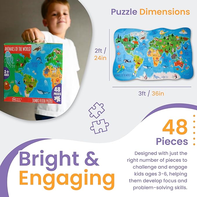 48 Piece Puzzles for Kids Ages 4-6 - Floor Puzzles for Kids Ages 3-5 - Preschool Learning Toys - World Map Puzzle - Educational Toys for 3 Year Old - Includes Two Giant Coloring Posters
