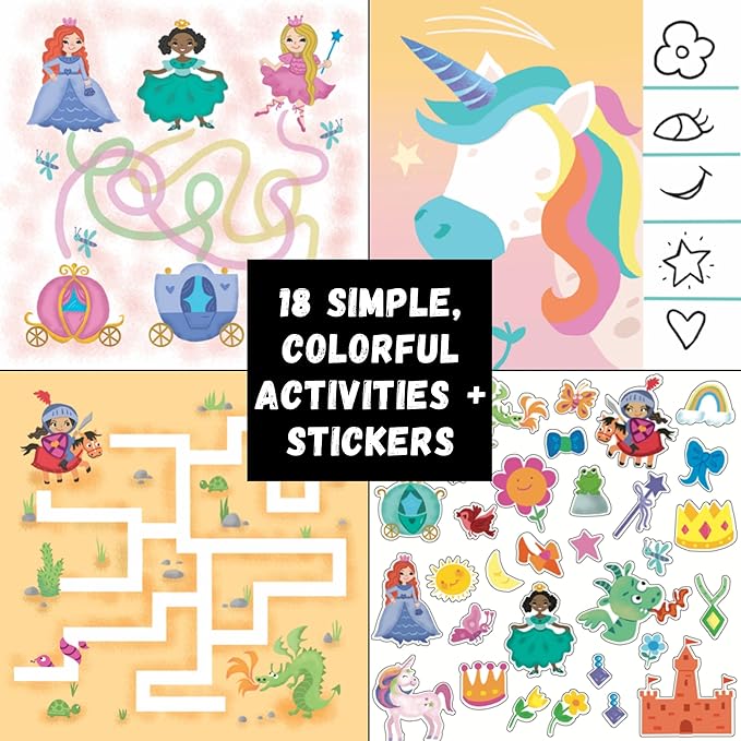 Kids Travel Educational Activity Book with Washable Markers - Car and Airplane Activities, Learning Toys for Toddlers- Reusable Stickers for Ages 4, 5, 6 (Princess & Extra Jungle Book)