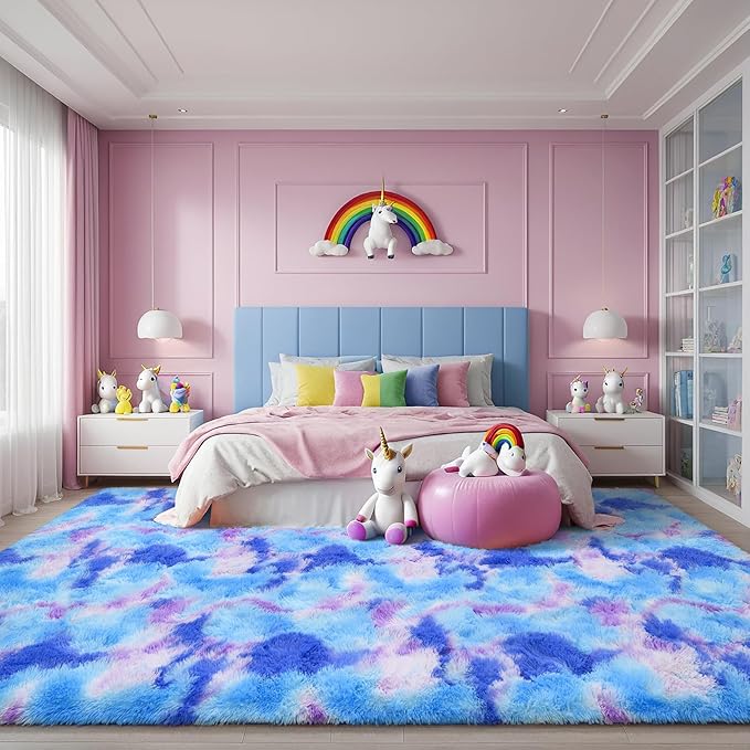 AROGAN 8x10 Feet Soft Runner Rugs for Bedroom Plush Fluffy Rug, Shag Furry Area Rug Carpet Non Shedding for Nursery Children Kids Girls Room Home Hallways Decorative, Blue and Purple