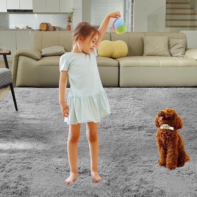 Ultra Soft Rug for Living Room, 9X12 Fluffy Shag Area Rug for Bedroom, Modern Shaggy Carpets Fuzzy Rug for Teens Dorm Nursery Home Decor Aesthetic, Upgrade Anti-Skid Durable, Grey