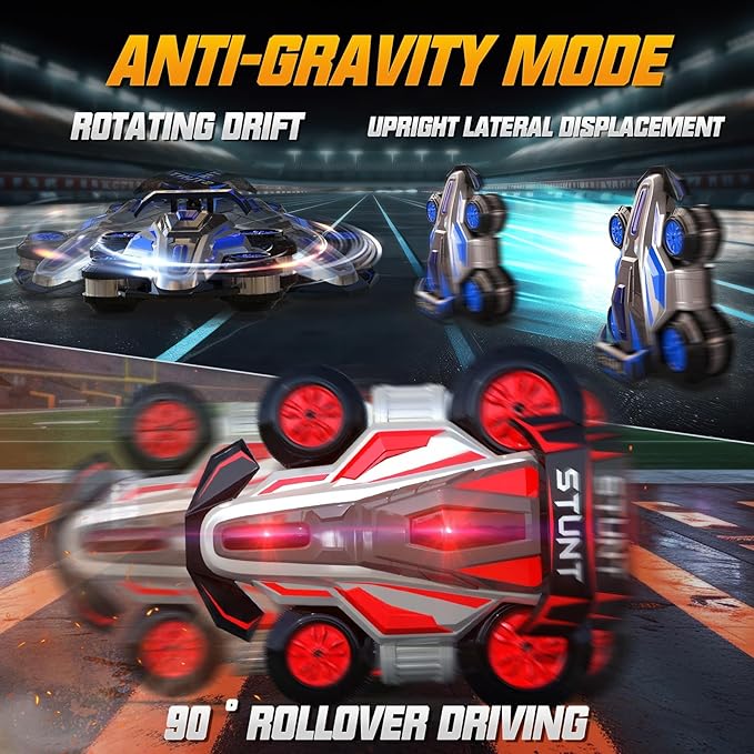 1:14 Drift Remote Control Car 2.4GHz 4WD RC Cars Rotating 360 Degrees Vehicle Toys with Lights Music, Upright Walking Four-Wheeled Rollover Stunt Car Gifts for Boys Girls 6-12 Year（Red）