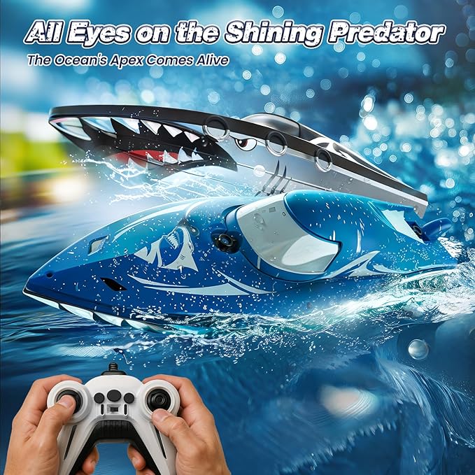 Shark RC Racing Boat for Kids & Adults,2.4GHz High Speed Remote Control Boat W/ Dual Battery 50 Min Runtime,Waterproof,Fast Remote Control Toy Gift Kids 8-12, Ideal for Pools & Lakes,Shining Blue