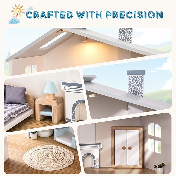 ROBUD Doll House, Wooden Dollhouse with 6 Rooms, 29-pcs Realistic Accessories, Dollhouse Playset for 4-6 Inch Dolls, Gifts for Kids & Toddlers, Nordic Style, Ages 3+